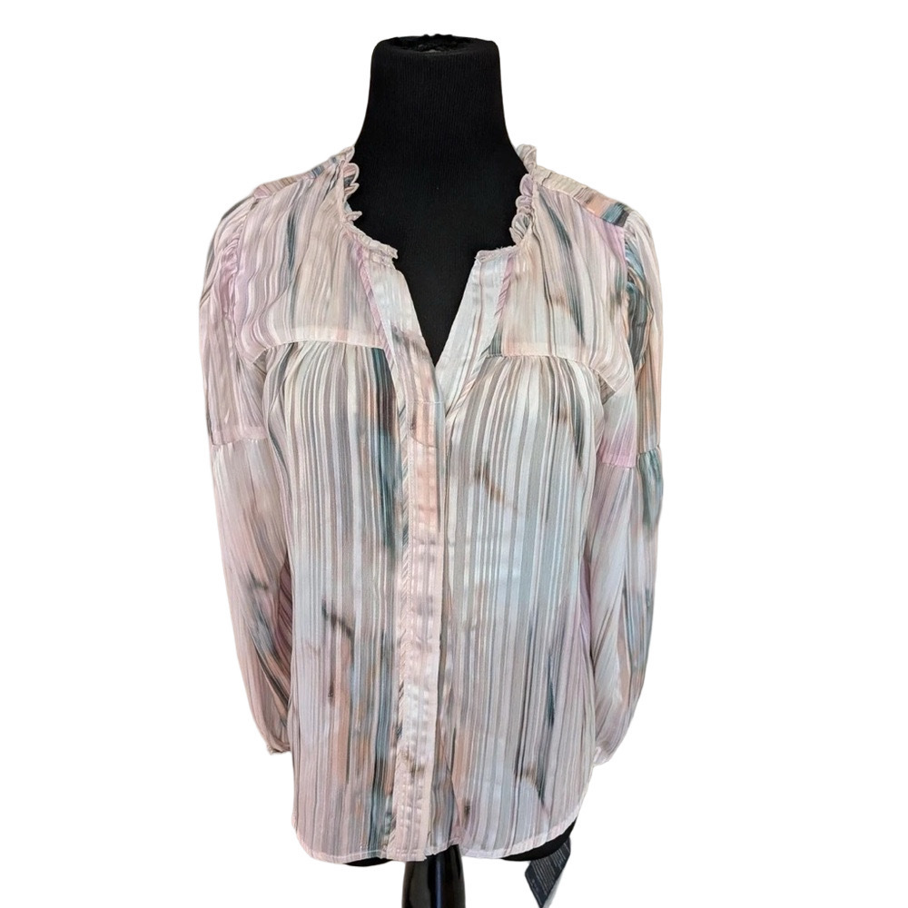 Democracy Multicolor Sheer Lightweight Button-Down Blouse with Ruffled Neckline